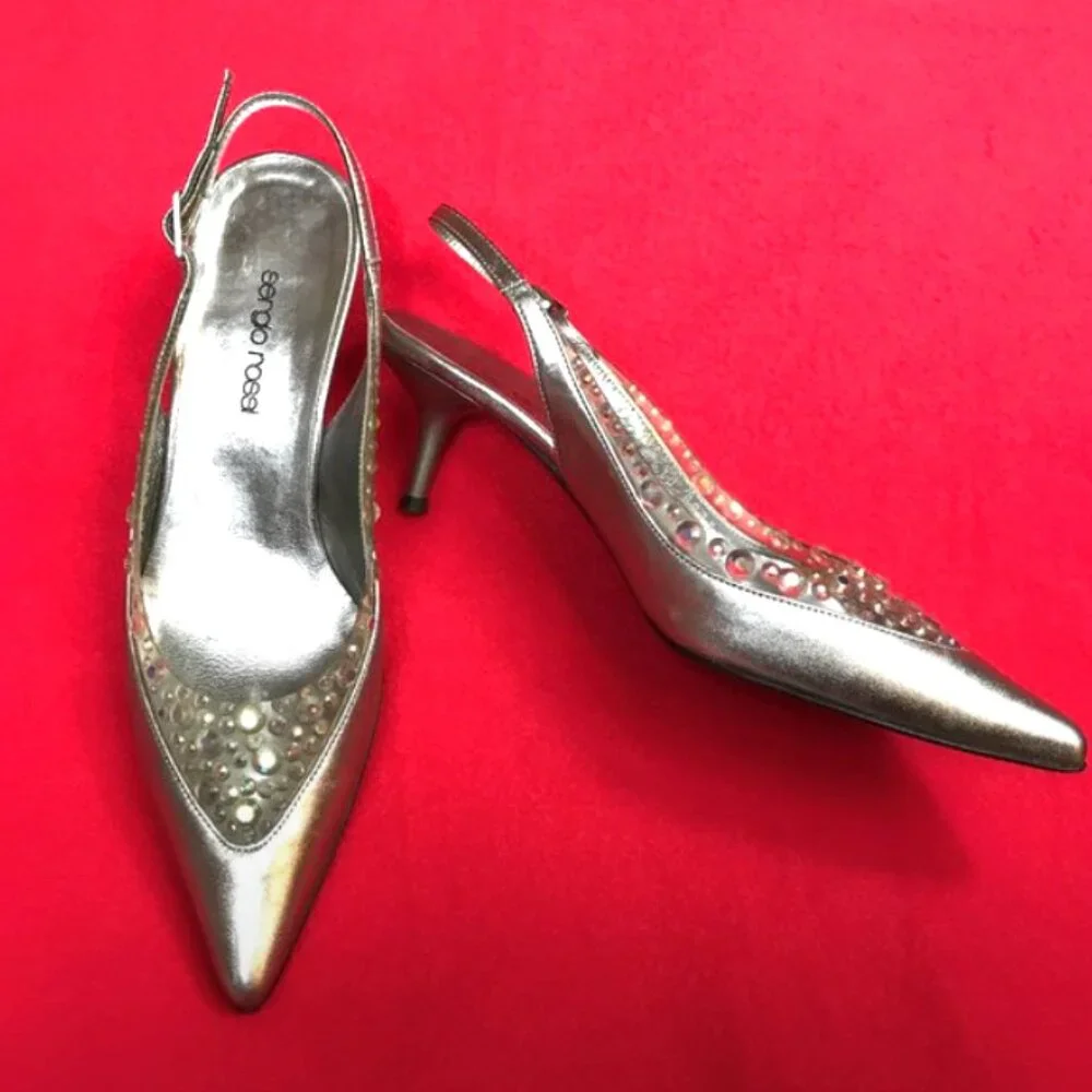 Auc Auc Sergio Rossi Crystal silver kitten heel slingback IT 36 US 6